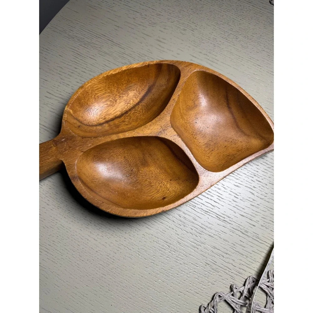 Vintage Monkey Pod Wood Leaf Serving Tray 3 Compartment Nut Candy Dish